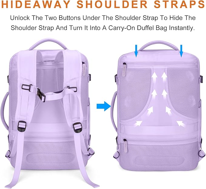 Lumesner Carry on Travel Backpacks, Extra Large 40L Flight Approved Bag for Men & Women,Expandable Suitcase Backpack With 4 Packing Cubes,Water Resistant Luggage Daypack Business Weekender Bag, Purple