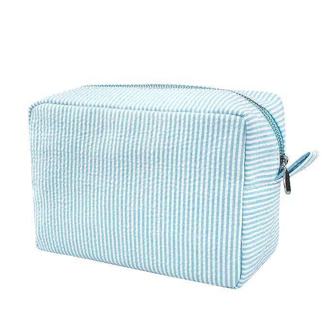 GFU Makeup Bag for Women, Cute Cosmetic Bag, Lightweight Toiletry Make up Bag, Large Seersucker Aesthetic Organizer Storage Pouch for Girls, Women and Moms Gifts, Lightblue