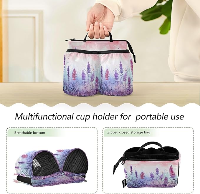 Lavenders Flowers Butterflies Purple Travel Luggage Cup Holder for Suitcase Free Hands Drink Carrier with Storage Pockets for Coffee Mugs Bottles