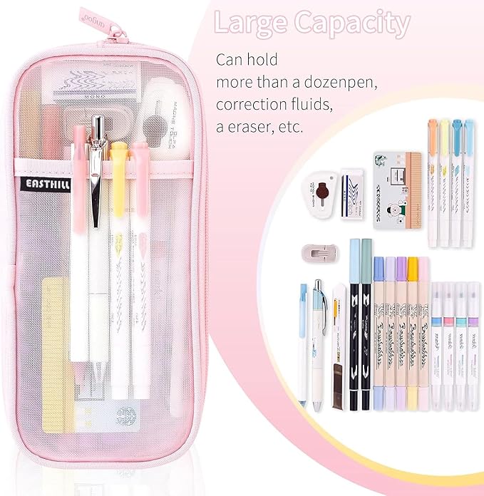 EASTHILL Grid Mesh Pen Pencil Case with Zipper Clear Makeup Color Pouch Cosmetics Bag Multi-Purpose Travel School Teen Girls and Boys Transparent Stationary Bag Office Organizer Box for Adluts(Pink)