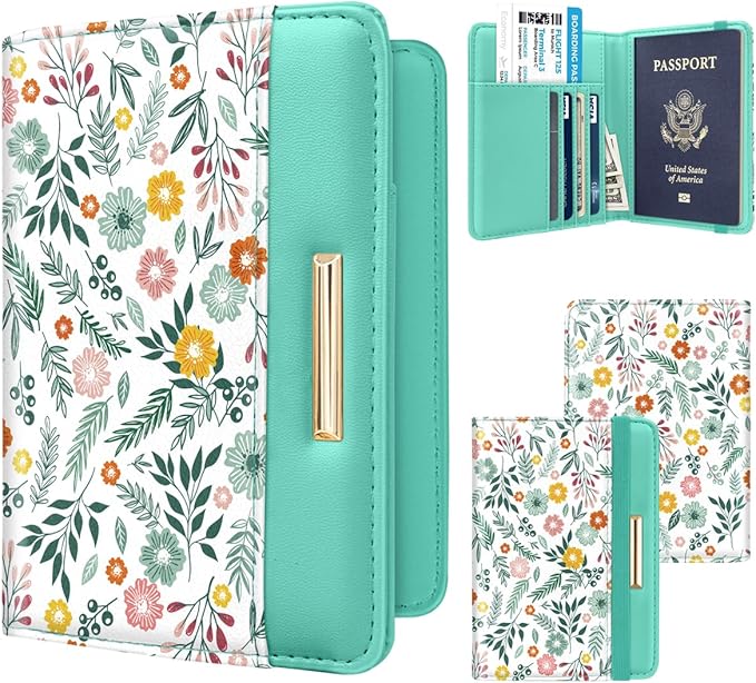 Passport Holder Cover, RFID Travel Wallet Credit Card Holder Green Cute Floral Passport Book Holders for Women with Elastic Band and Golden Metal Decoration, Green Daisy