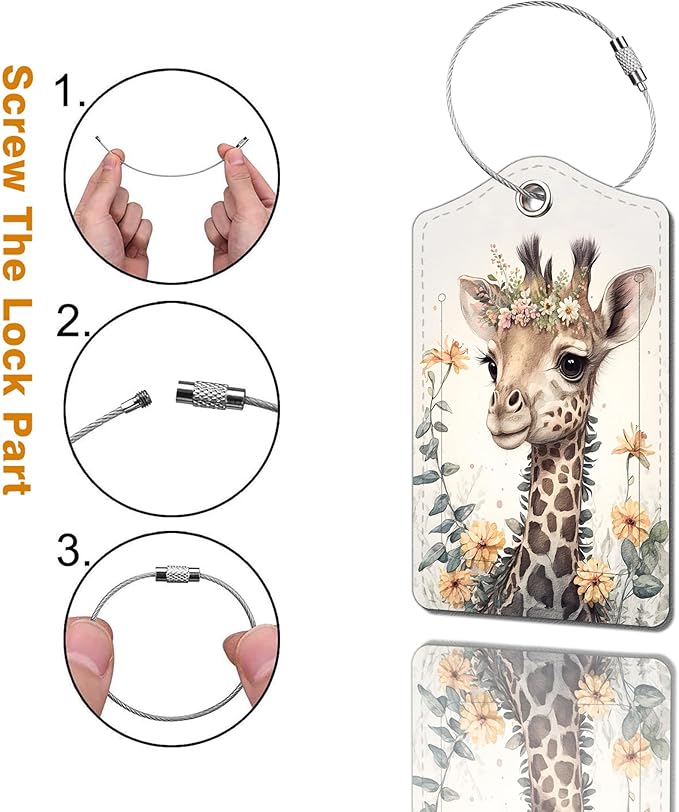 2 Pack Luggage Tag for Suitcase, Cute Unique Leather Bag Tags Identifiers Privacy Cover ID Label with Durable Steel Loop for Women Men Kids Girls Travel，GiraffeH