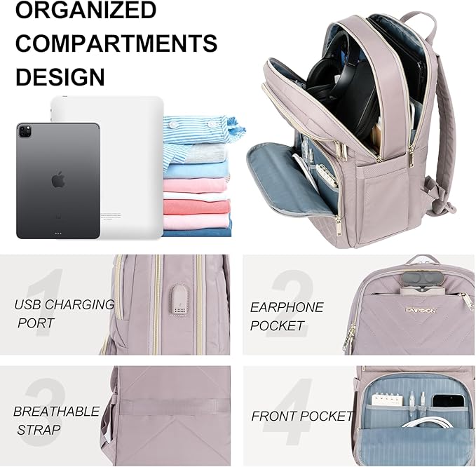 EMPSIGN Laptop Backpack Purse for Women and Men with USB Charging Port, 15.6 Inch Travel Water Resistant Quilted Backpack, High-Capacity 30L Work Business Computer Backpack, Quilted Grey Pink