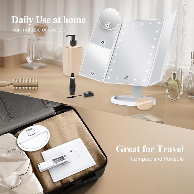 HUONUL Makeup Mirror, Vanity Mirror with Lights, 2X/3X/10X Magnification, Touch Control, Trifold, Dual Power Supply, Mothers Day, Birthday Gifts for Mom,Gifts for Women,Girls, Dorm Room Essentials