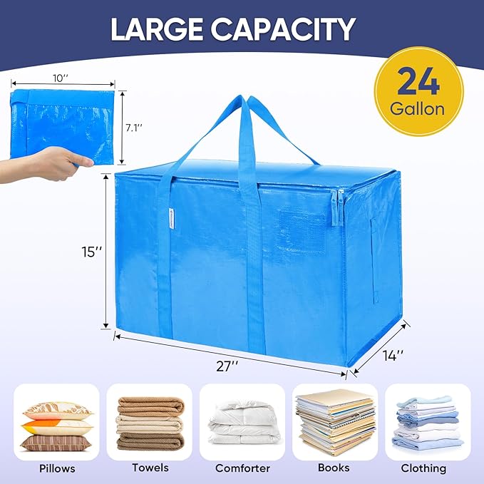TICONN 6 Pack Extra Large Moving Bags Heavy Duty with Zippers & Carrying Handles, Durable Storage Bags Moving Boxes for Closet Organizers and Storage (6 Pack, Sky Blue)