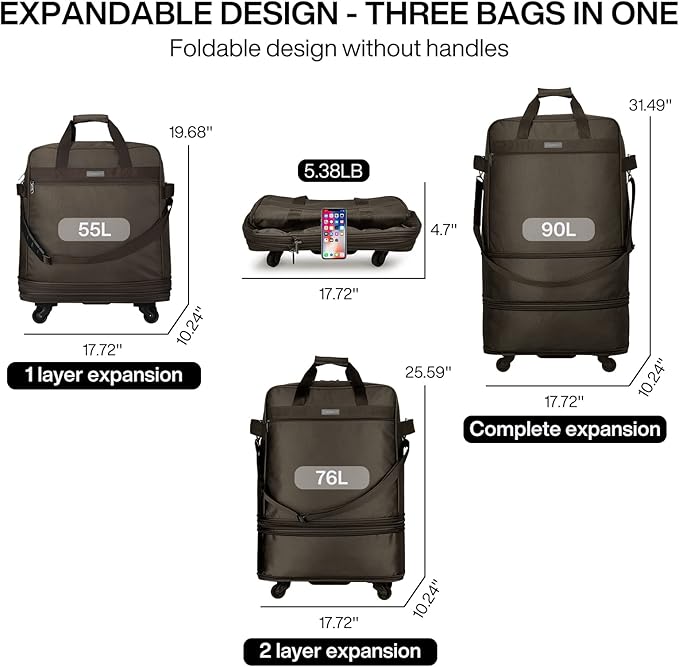 Hanke Suitcases with Wheels Expandable Foldable Luggage Bag Suitcase Collapsible Rolling Travel Bag Duffel Bag for Men Women Lightweight Suitcases without Telescoping Handle, Coffee