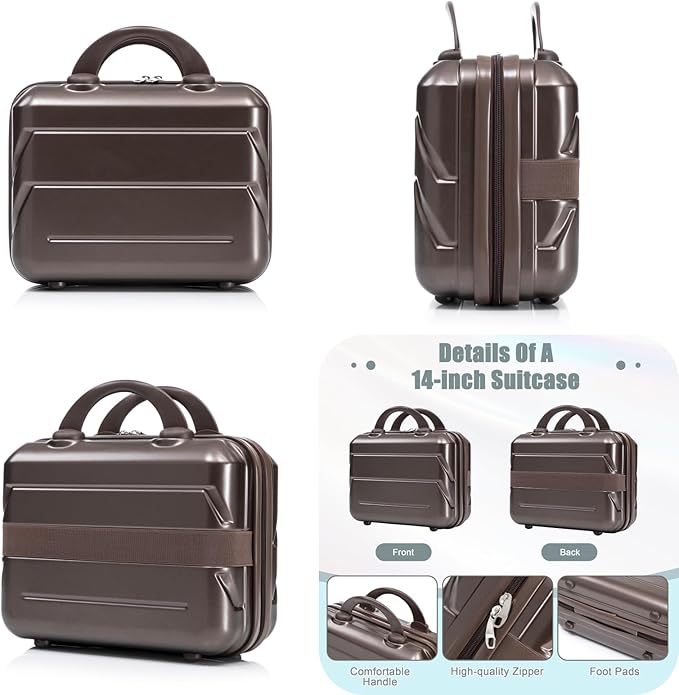 2-Piece ABS Hard Shell Lightweight Carry-On Luggage Set (14" & 20"), 360-Degree Spinner Wheels, Adjustable Telescopic Handle and Combination Lock for Travel, Brown