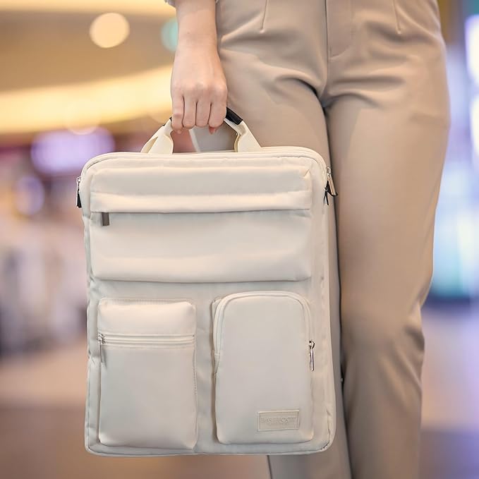 BAREFOOT CARIBOU Over Luggage Organizer for Carry On Bag or Suitcase with Storage Pockets, 16” Laptop Sleeve with Handle, Travel Accessories Bag Slide On Luggage Harness with Adjustable Straps (Ivory)