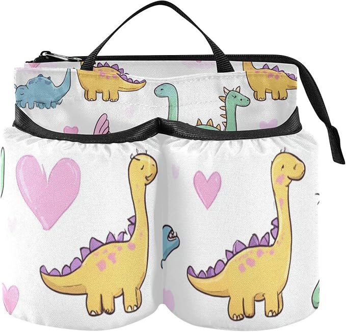 Cute Dinosaurs and Hearts Luggage Cup Holder Travel Portable Free Hand Drink Carrier Suitcase Drinks Beverage Holder Carry-On Bottle Mug Holder Organizer Bag Travelers Accessories