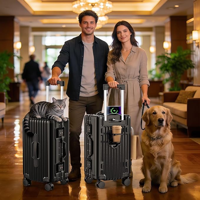20 Inch Carry On Luggage, Aluminum Frame Zipperless Luggage, Hard Shell Suitcase with Charging Port, Cup Holder, TSA Lock, Phone Holder for Travel and Business Travel