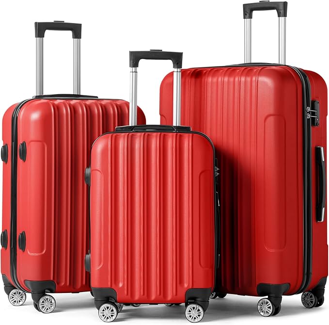 Karl home Luggage Set of 3 Hardside Carry on Suitcase Sets with Spinner Wheels & TSA lock, Portable Lightweight ABS Luggages for Travel, Business - Red (20/24/28)