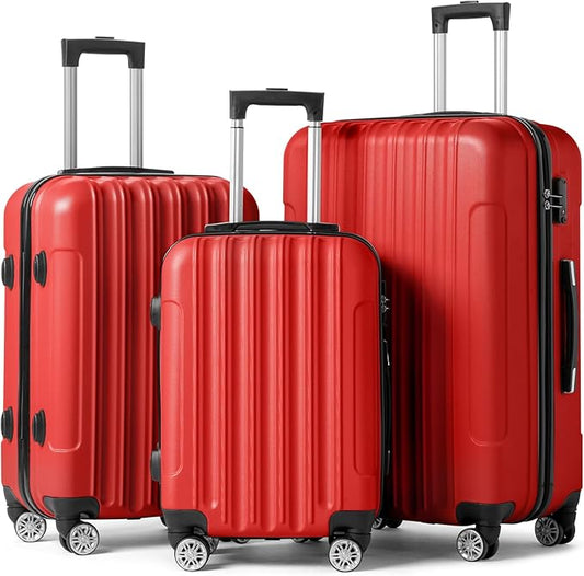 Karl home Luggage Set of 3 Hardside Carry on Suitcase Sets with Spinner Wheels & TSA lock, Portable Lightweight ABS Luggages for Travel, Business - Red (20/24/28)