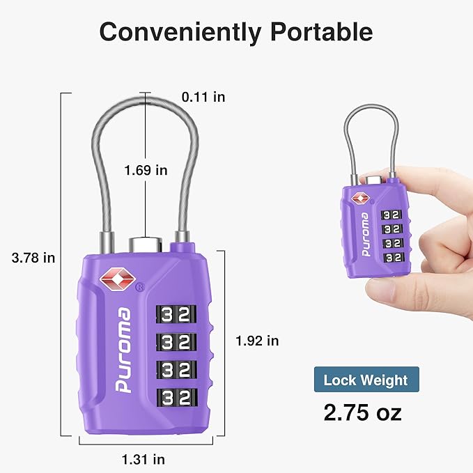 Puroma 2 Pack TSA Approved Luggage Locks, 4 Digit Combination Travel Cable Locks Resettable Code Lock with Zinc Alloy Body for Suitcase, Toolbox, Backpack, Bag, Gym Locker (Basic Purple)