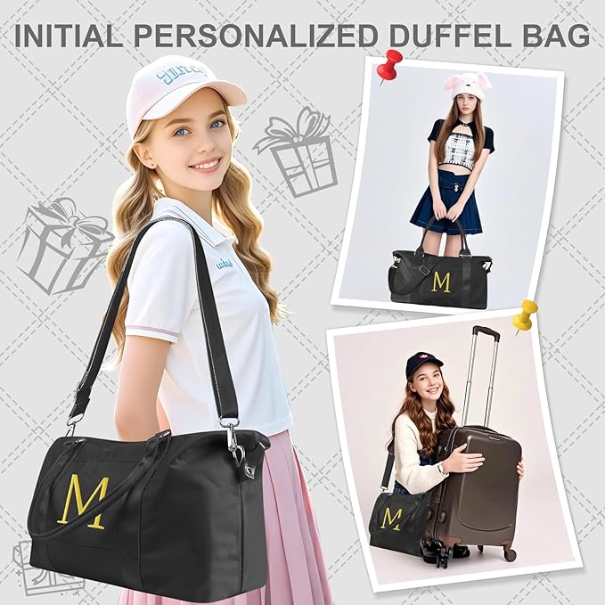 Personalized Initial Gym Dance Bag, Travel Duffel Bag for Teen Girls, Carry On Bag Overnight Weekender Bag with Trolley Sleeve, Birthday Gifts for Women Mom Daughter Graduation Gift(Letter M, Black)