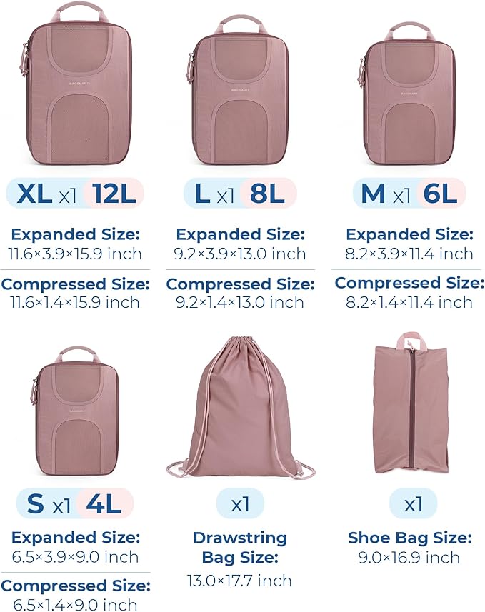 BAGSMART Compression Packing Cubes, 6 Set Packing Cubes for Suitcases, Lightweight Suitcases Organizers Bag Set & Compression Travel Cubes, Travel Essentials Packing Organizers