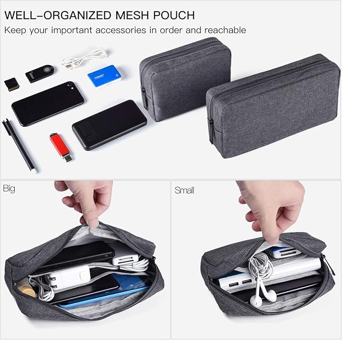 Universal Electronics Accessories Carrying Case, 2PCS Big + Small Portable Storage Pouch, Cosmetic Bag, Cable Organizer Compatible Hard Drive, Mouse, Power Bank, Adapter, Cellphone, Space Gray