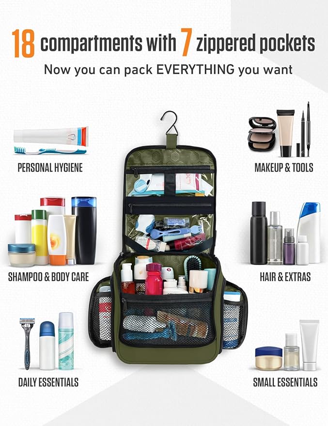 VENTURE 4TH Hanging Travel Toiletry Bag for Women & Men – Large Toiletry Organizer with 18 Compartments, Removable TSA Pouch, Travel Wash Bag for Toiletries, Makeup & Shaving Kit (Forest Green)