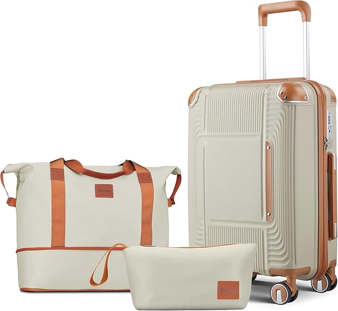 5 Piece Luggage Sets PP Hardshell with Duffel & Toiletry Bag, Carry-on Suitcase Set (20/24/28) with Detachable Spinner Wheels, YKK Zippers & Corner Guards, Lightweight TSA Lock (Light Khaki)