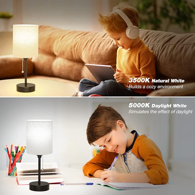 Small Bedside Table Lamp for Bedroom - Desk Lamp with USB Ports for Dorm | USB A+C Ports, AC Outlet, 3 Color Temperatures, LED Bulb Included, Beige Fabric Shade, Matte Black Base