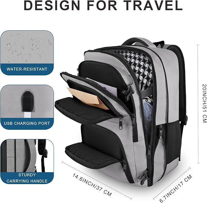 Large Travel Backpack, Laptop Backpack for women, Expandable 52L Carry On Backpack, Airline Approved Water Resistant Weekender 18.4 Inch Laptop Backpack, Business Computer Bag with USB Port, Grey