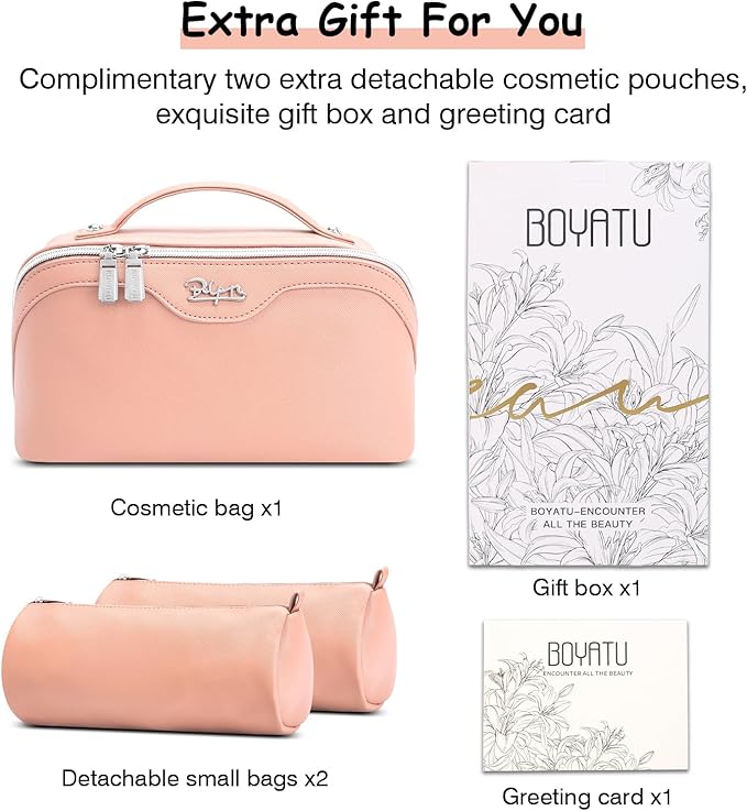 BOYATU Travel Makeup Bag Organizer Cosmetic Bag: 3 Pcs Set Make up Bags for Women with Handle - Waterproof Vegan Leather Toiletry Bags Travel Essentials Pouch with Compartments (C-05-Pink)