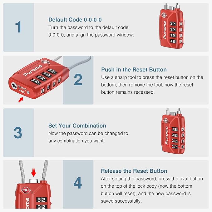 Puroma 2 Pack TSA Approved Luggage Lock, 4 Digit Combination Travel Cable Locks Resettable Code Lock with Zinc Alloy Body for Suitcase, Toolbox, Backpack, Bag, Gym Locker (Basic Red)