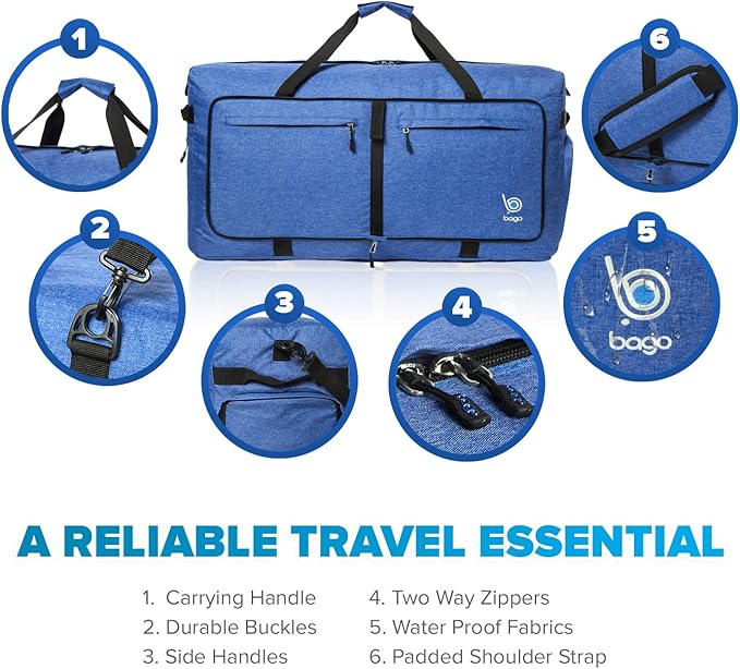Bago Extra Large Duffle Bag for Travel Women & Men. Durable, Lightweight, Foldable Travel Duffel Bags For Traveling Women. 120L Duffle Bags Use As a Weekender Bag with Shoe Compartment, Checked Duffel