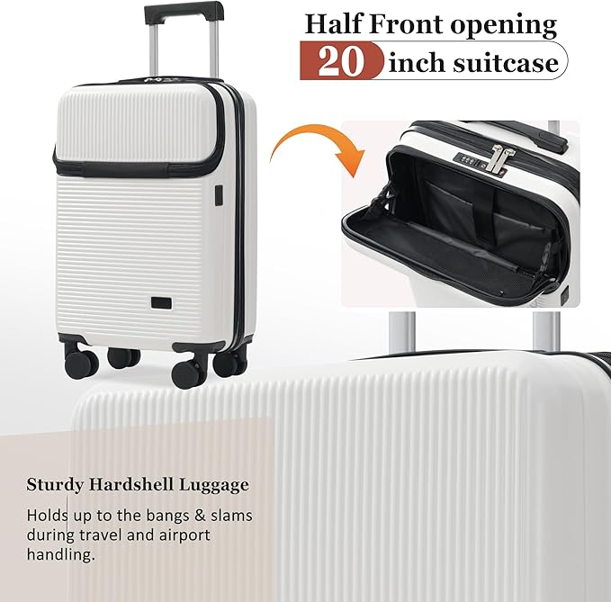 Merax Luggage Sets 5 Piece with Half-opening, Hardside 20" Carry On Suitcase Set with USB Port,Lightweight Travel 24" 28" Luggage with Bags TSA Locks Double Spinner Wheels,White