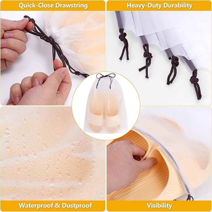 Waterproof Shoe Bags for Travel - 15.7x11.8 Inches Drawstring Bags Organizers (10 Pack), Clear Waterproof Bag Travel Essentials for Men & Women, Shoe Bags for Storage (Packing, Gym, Luggage Storage)