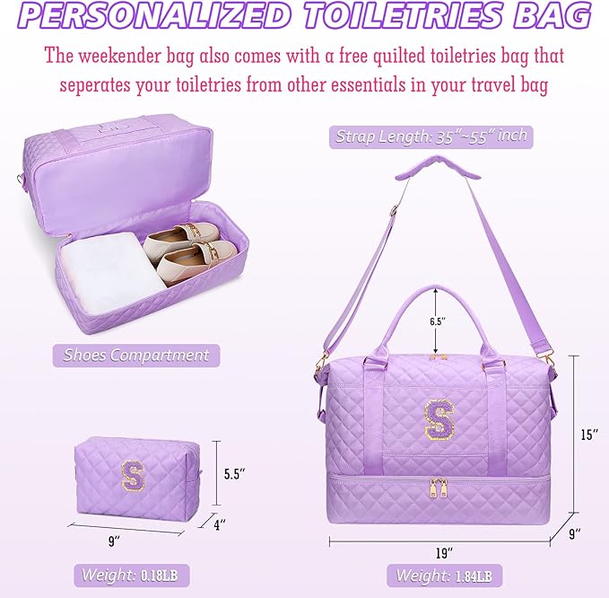 Teenager Girl Initial Travel Duffle Bag Quilted Weekender Bags Carry-On Overnight with Cosmetic Bag, Gym Bag with Shoe Compartment Hospital Bag for Women Labor Delivery, Purple-S