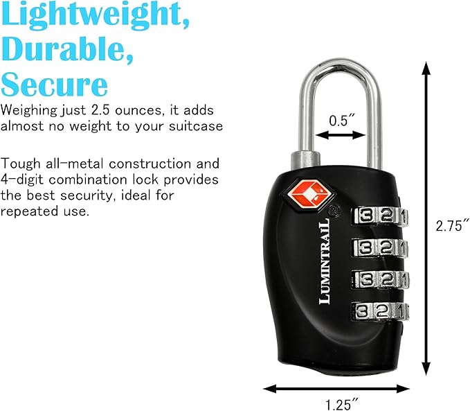 Lumintrail TSA Approved Locks, 4 Digit Combination Luggage Locks TSA Approved, Travel Locks for Luggage & Suitcase with 4-FT Steel Cable, Black, 1 Pack