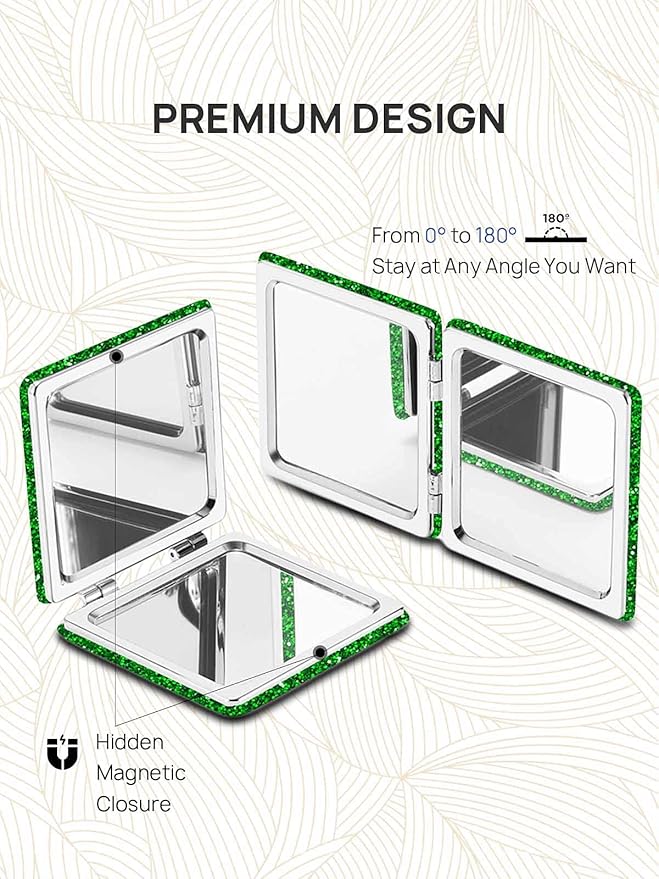 OMIRO Compact Mirror, Glitter PU 1X/3X Magnification, Ultra Portable for Purses (Green)