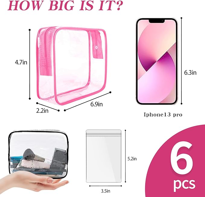 6 Pack Toiletry Bag Makeup Bag Cosmetic Bag, TSA Approved Clear Travel Toiletry Bag wih Zippers, Quart Size Travel Makeup Cosmetic Bag for Women Men, Carry on Airport Airline Compliant Bag, 6 Colors