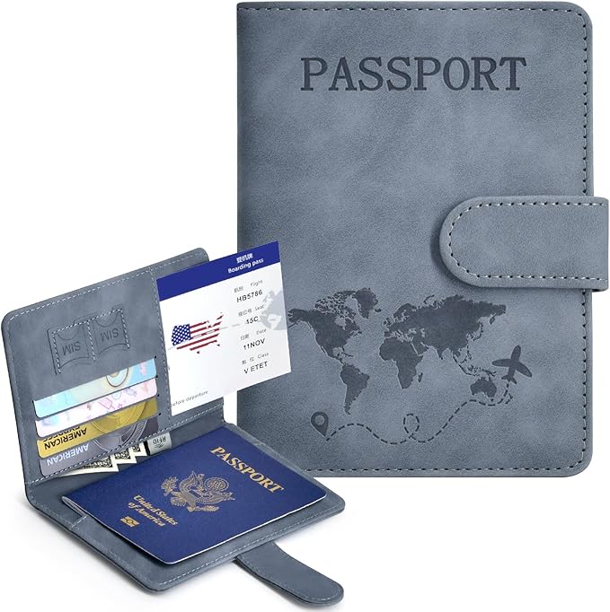 Passport Holder, Passport Cover with Credit Card Slot and Boarding Pass Slot Combo, Passport Wallet Case Book Travel Must Have, RFID Blocking Leather Travel Accessories, Navy Grey