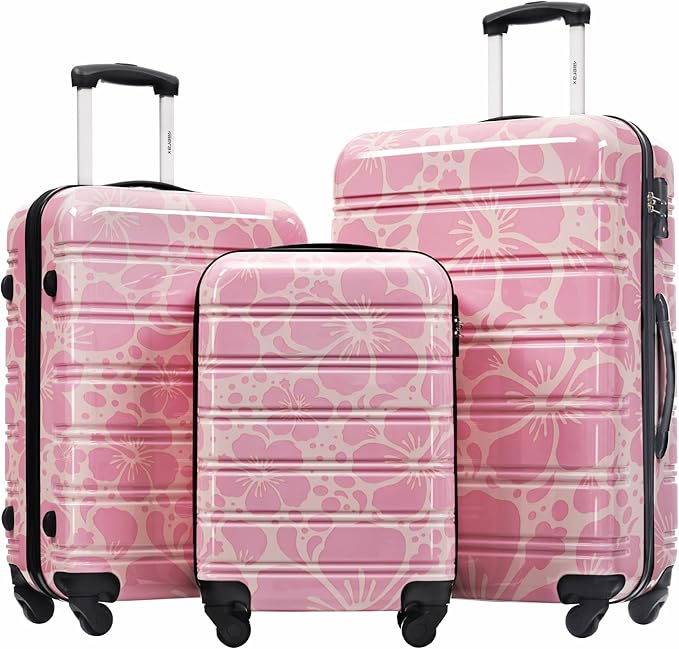 Merax Luggage Sets 3 Piece, Hardside Suitcase Set with Spinner Wheels, Lightweight 20+24+28 IN Suitcase with Carry on Luggage,Pink