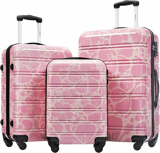 Merax Luggage Sets 3 Piece, Hardside Suitcase Set with Spinner Wheels, Lightweight 20+24+28 IN Suitcase with Carry on Luggage,Pink