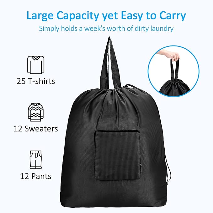 GOGOODA Travel Laundry Bags with Drawstring Closure XL Large Foldable Dirty Clothes bags with Handle Heavy Duty and Washable for College Dorm Travelling Camping, 2 Pack, Black