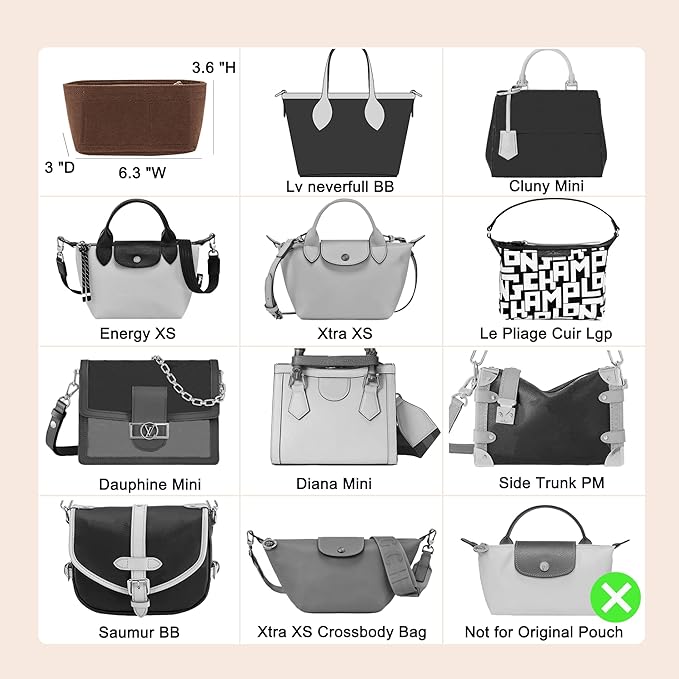 Doxo Purse Organizer Insert for Longchamp Mini/XS Handbags/Neverfull BB,Keeps Le pliage Mini Bags Neat And Shaped (XS/BB,Brown)