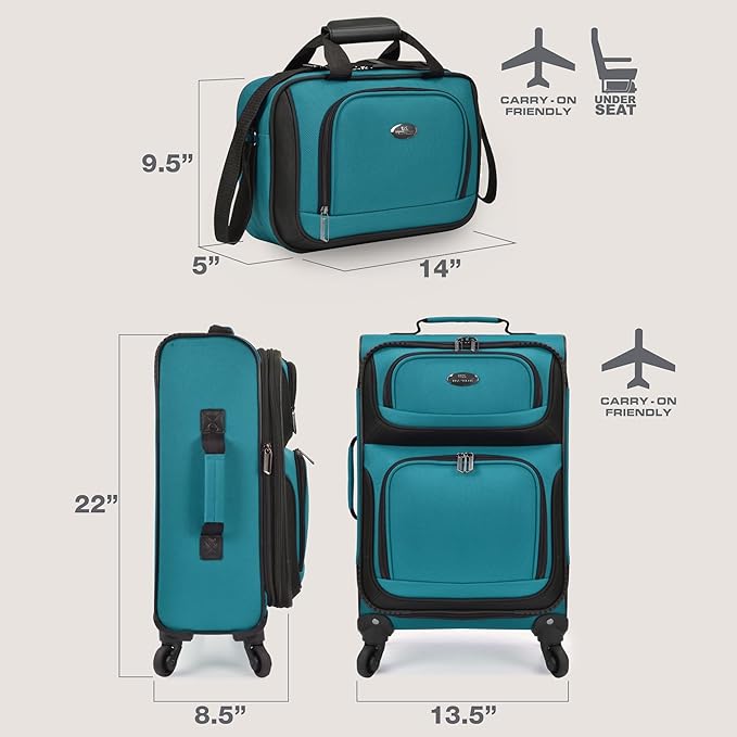 U.S. Traveler Rio Lightweight Softside Rolling Carry-on Suitcase, 4-Wheel Set, Teal