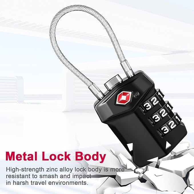 ZHEGE TSA Approved Locks for Luggage, 3 Digit Resettable Keyless Cable Locks with Zinc Alloy Body, Easy to Read White Numbers, for Suitcase, Backpack, Bag, Toolbox, Gym Locker (Black, 2 Pack)