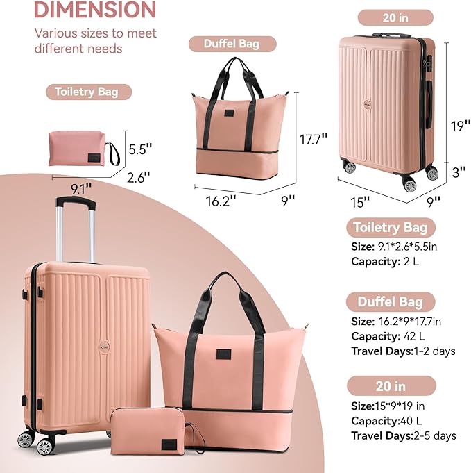 Hoteel Luggage Sets 3 Piece ABS+PC Hardside, 4-Year Warranty, Luggage Set with Spinner Wheels, TSA Lock, Lightweight Carry on Luggage, 20" Suitcase with Duffel & Organizer, Light Pink