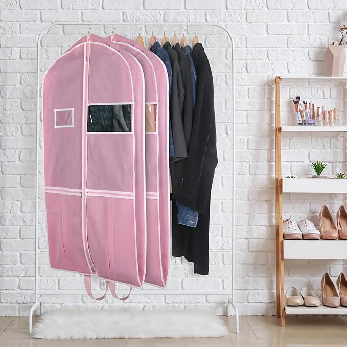 Zilink 43" Garment Bags for Travel for Women Carry on Suit Bags for Travel and Storage Gusseted Hanging Garment Bags with Handles for Coats, Jackets, Shirts,Dresses, Pink