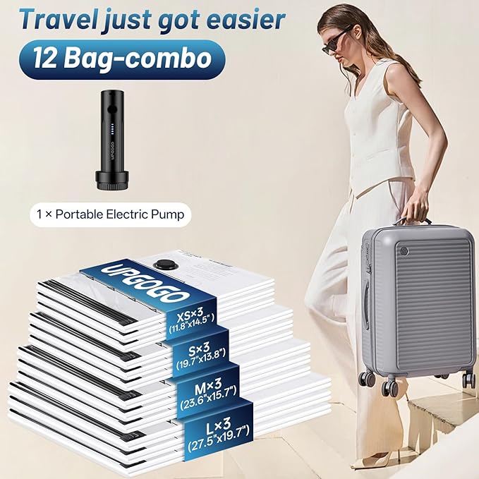 Travel Vacuum Bags for Luggage with Portable Electric Pump,Vacuum Seal Bags for Clothing,Packing Cubes Compression,Cruise Ship and Travel Essentials(Combo 12 Pack)
