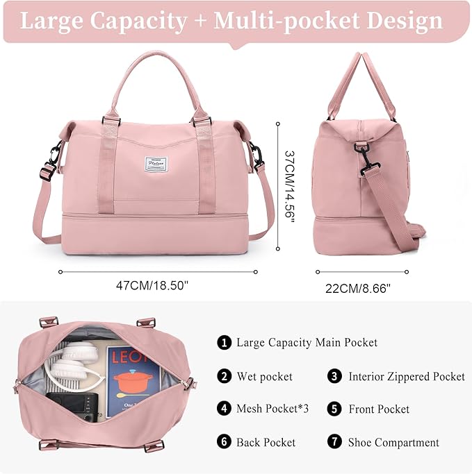 Weekender Bags for Women,Personal Item Travel Bag with Shoes Compartment,Overnight Travel Duffel Bag with Quilted Toiletry Bag,Pink