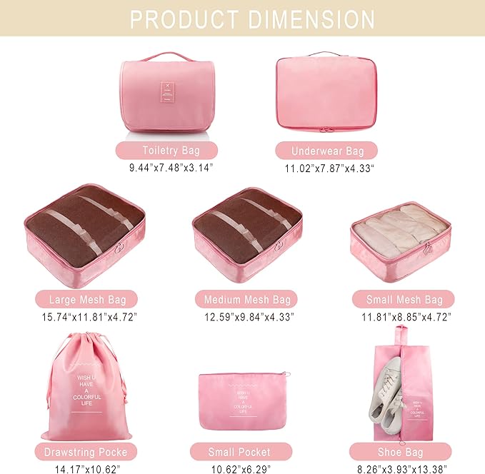 Packing Cubes, 8 Pcs Travel Packing Organizers for Suitcases, Large Capacity Travel Luggage Organizers Set includes 8 Storage Bags for Women or Men (Pink)