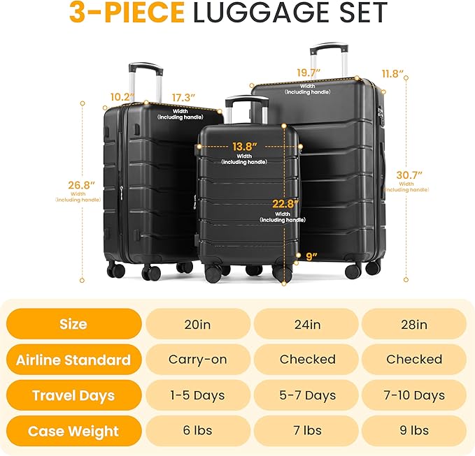 HealSmart Hardside Carry-On Luggage, Expandable Portable Hardshell Luggage with Spinner Wheels, Lightweight Suitcase TSA Lock, 20 Inch, Black