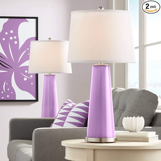 Leo 29 1/2" Tall Table Lamps Set of 2 African Violet Purple Modern | Cylinder Brushed Nickel Glass Living Room Bedroom Bedside Nightstand House Office Home Reading White Shade end