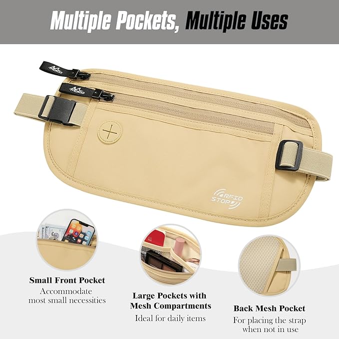 MoKo Secure Travel Money Belt, Undercover Hidden RFID Blocking Travel Wallet, Anti-Theft Passport Wallets for Men Women