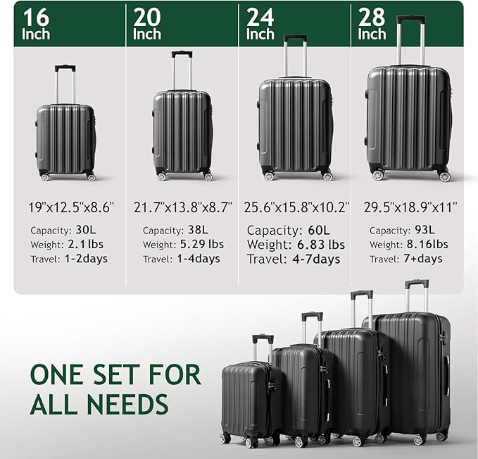 Karl home 4 Piece Luggage Sets, Travel Suitcase, Large Capacity Lightweight Luggage Sets with TSA Lock & Spinner Wheels, for Business, Travel, School Starts (16"/20"/24"/28"), Dark Gray