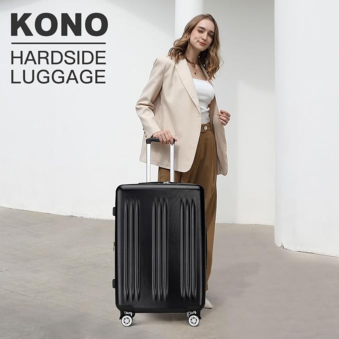 Kono Lightweight 28 Inch Expandable Luggage with Quiet Spinner Wheels TSA Lock, Scratch and Drop Resistant PC+ABS Hardside Durable Large Checked Suitcase, Black